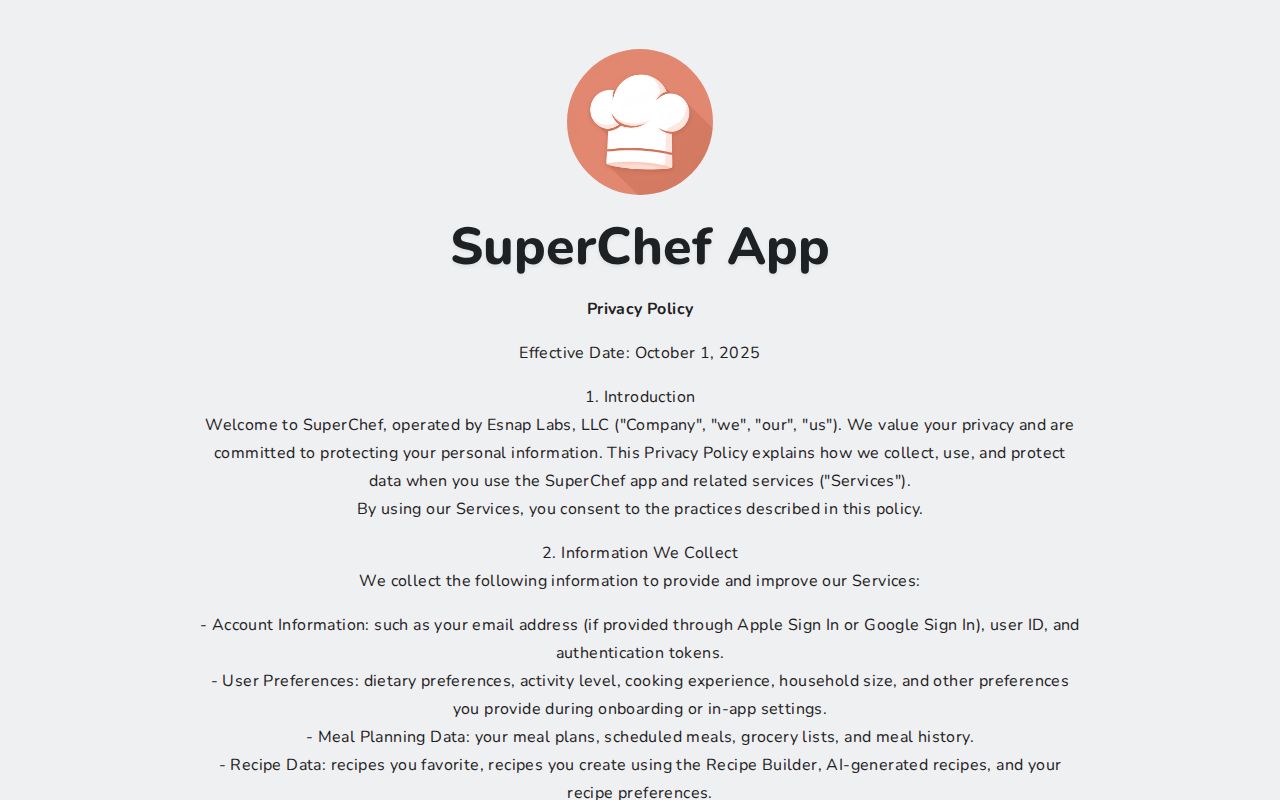 SuperChef Privacy Policy
